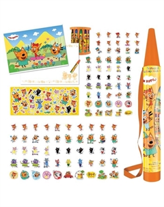 Набор для рисования 114 предметов в пластиковом тубусе 74 х 9 х 9 см "" (восковые карандаши 12 цветов + наклейки + блокнот) Три кота