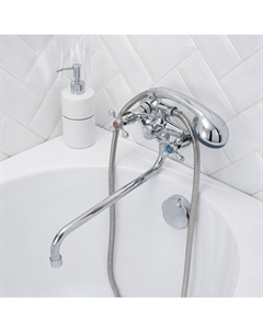 Смеситель для ванны RMS SL71-140, двухвентильный, длинный излив, душевая лейка и шланг, хром Ростовская мануфактура сантехники