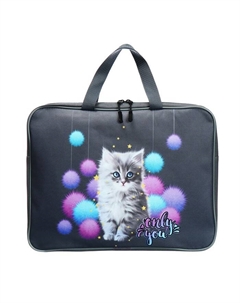 Папка с ручками текстильная А4, "Котенок в пушках", для бумаг, для офиса, 370 х 280 х 60 мм, серая Stavia