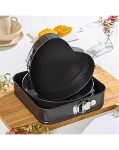 Набор форм для выпечки «Элин», 3 предмета: d=25/21/26 см, съёмное дно, антипригарное покрытие, цвет чёрный Доляна