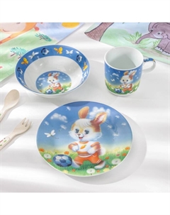 Набор детской посуды «Заяц футболист», 3 предмета: кружка 230 мл, миска 400 мл, тарелка d=18 см Доляна