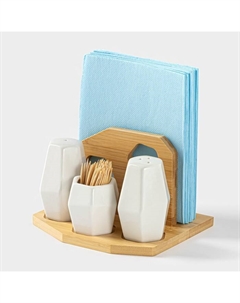 Набор для специй на деревянной подставке, 4 предмета: солонка 75 мл, перечница 75 мл, салфетница, ёмкость для зубочисток, цвет белый Bellatenero