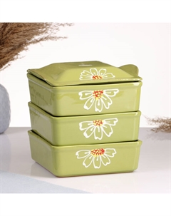 Набор для холодца «Квадро», 3 ёмкости, 900 мл, керамика, зелёный Псковский гончар