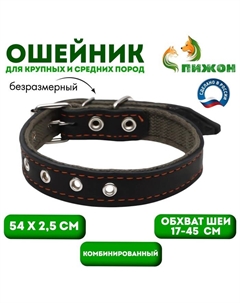 Ошейник комбинированный кожа/брезент, безразмерный, 54×2.5 см, ОШ 17-45 см, чёрный Пижон