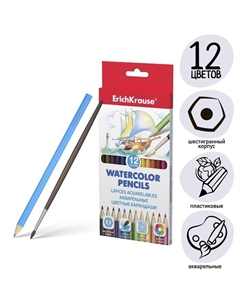 Карандаши акварельные 12 цветов дерево, шестигранные, суперяркий грифель 3,0 мм, с кисточкой Erichkrause