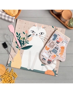 Набор подарочный Meow: полотенце, варежка-прихватка, кисть, лопатка, венчик Этель