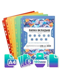 Файл-вкладыш А4, 180мкм, TOP, ПВХ, срасширением, матовый, вертикальный, 5 штук, микс Calligrata