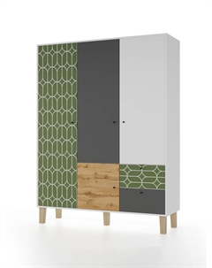 Шкаф распашной трёхстворчатый Story «Коты и овалы», 2 ящика, 1492×471×1973 мм, цвет белый/дуб вотан/олива/тёмно – серый Мама