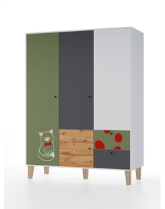 Шкаф распашной трёхстворчатый Story «Коты и овалы», 2 ящика, 1492×471×1973 мм, цвет белый/дуб вотан/олива/тёмно – серый Мама
