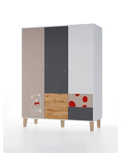 Шкаф распашной трёхстворчатый Story «Коты и овалы», 2 ящика, 1492×471×1973 мм, цвет белый/дуб вотан/бежевый/тёмно – серый Мама