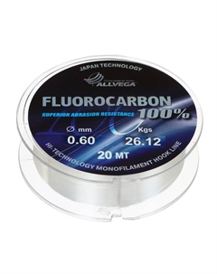 Леска монофильная FX Fluorocarbon 100%, диаметр 0.60 мм, тест 26.12 кг, 20 м, прозрачная Allvega