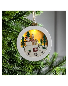 Ёлочная игрушка «Шар со снеговиками», 10.5х10.5х1.5 см, от батареек, свечение тёплое белое Luazon lighting