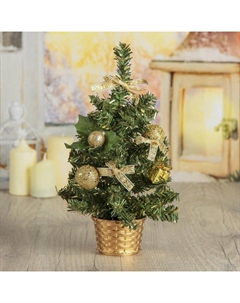 Искусственная ёлка настольная «. Бантик» 25 см, ветки ПВХ отгибаются, игрушки золото шары и банты Зимнее волшебство