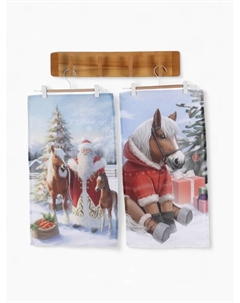 Набор кухонных полотенец «. Лошадь и Дед Мороз»: 35×60 см-2 шт., 100% хлопок, рогожка, 160 г/м² Доляна