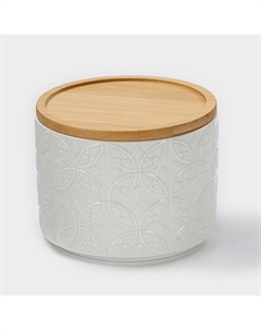 Банка для хранения сыпучих продуктов «Листья», 330 мл, d=10 см, с бамбуковой крышкой, фарфоровая, цвет белый Bellatenero