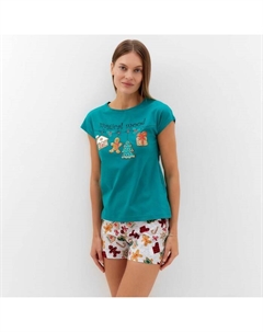 Пижама новогодняя женская (футболка, шорты), зелёная, размер 52 Натали