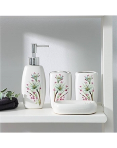 Набор аксессуаров для ванной комнаты «Подснежник», 4 предмета (дозатор 400 мл, мыльница, 2 стакана), цвет белый Доляна
