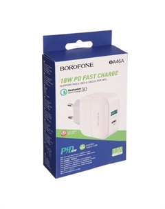 Сетевое зарядное устройство Borofone BA46A, USB QC3.0 3 А, Type-C PD 3 А, белое