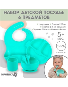 Детская посуда в наборе из силикона : нагрудник, тарелка 2шт, стакан, приборы, бирюзовый Крошка я