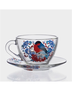 Чайная пара новогодняя стеклянная «Снегири на рябине», 200 мл, блюдце d=13 см Декостек