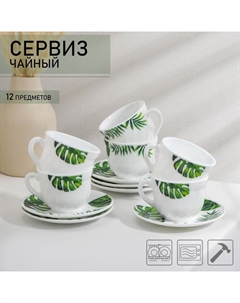 Сервиз чайный «Лист папоротника», 12 предметов: чашка 200 мл, блюдце d=14 см, стеклокерамика, цвет белый Avvir