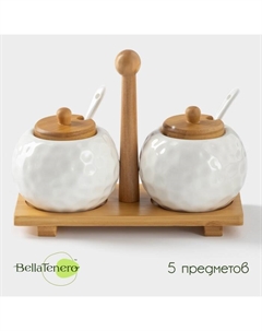 Банки для хранения сыпучих продуктов на деревянной подставке, 4 предмета: 2 банки 250 мл, 9,5×15 см, 2 ложки, керамические, цвет белый Bellatenero