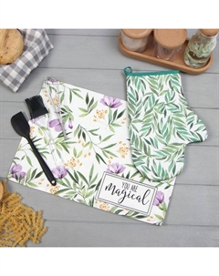 Набор подарочный Leaves: полотенце, варежка-прихватка, кисть, лопатка, венчик Этель