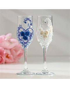 Набор свадебных бокалов "Шик", с розочками, сине - белый Дорого внимание