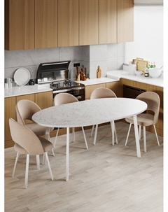 Стол "ОЛСЕН" раздвижной, D-1500/1950×1050, мрамор белый, опора "титан" белый матовый Столбург