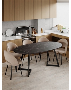 Стол "ОЛСЕН" раздвижной, D-1500/1950×1050, камень черный, черный матовый Столбург