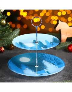 Блюдо стеклянное 2-х ярусное «Кролики под луной», d=25/20 см Доляна