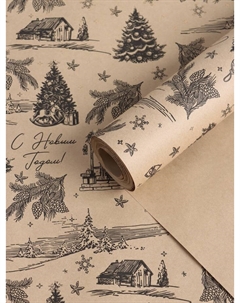 Бумага упаковочная новогодняя, крафт «Зимняя деревня», на буром 75 г/м² 0.7×10 м Upak land