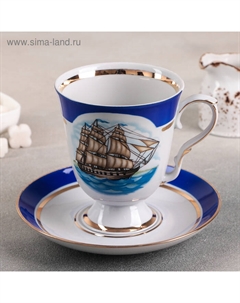 Чайная пара «Морской», чашка 600 мл, блюдце, фарфор, белая, синяя Дулевский фарфор