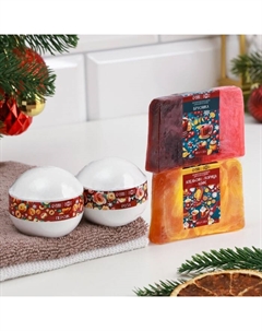 Набор 2 бомбочки «Роза, Персик« и 2 мыла »Апельсин-Корица-Кофе, Брусника» Добропаровъ