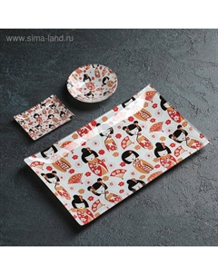 Набор для суши из стекла «Саката», 3 предмета: соусники 8×2 см, 8×6 см, подставка 25×15×2 см Доляна