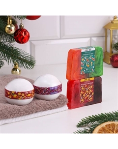 Набор 2 бомбочки «Апельсин, Лаванда« и 2 мыла »Мандарин и хвоя, Медовый глинтвейн» Добропаровъ