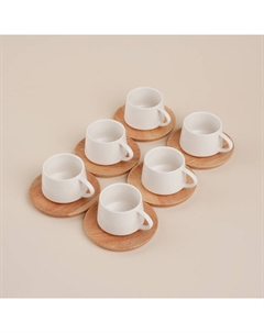 Сервиз чайный SL Home «Тренто», 12 предметов: 6 чашек 90 мл, 6 деревянных подставок, фарфор, белый Sima-land home