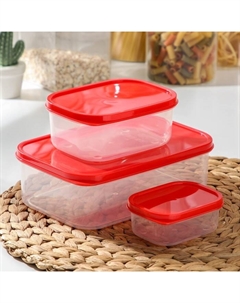 Набор контейнеров пищевых прямоугольных, 3 шт.: 150 мл, 500 мл, 1.2 л, пластик, прозрачные, крышки красные Доляна
