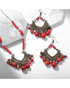 Набор 2 предмета: серьги, колье «Индия», красный в чернёном серебре, 32 см Qf