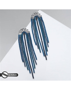 Серьги висячие со стразами «Водопад» веер, синие в сером металле, 9.5 см Qf