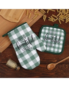 Кухонный набор «» Spring: прихватка 17×17 см, варежка-прихватка 26×16 см,100% п/э Доляна