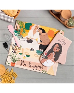 Набор подарочный Life is beautiful: полотенце, варежка-прихватка, кисть, лопатка, венчик Этель