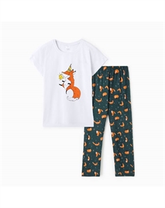 Пижама женская (футболка/брюки) «Лисёнок с бенгальским огнём», цвет белый/зелёный, размер 50 Comfort