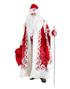 Карнавальный костюм новогодний «Дед Мороз Боярский», рубаха, шуба, шапка, варежки, мешок, парик, борода, посох Пуговка