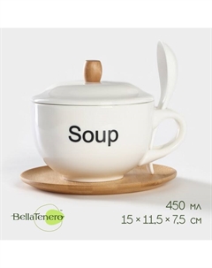 Супница, 450 мл, 15×11.5×7.5 см, с ложкой, на бамбуковой подставке, фарфор, белая Bellatenero