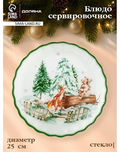 Блюдо новогоднее сервировочное «Зверьки в лесу», d=25 см, стекло, белое, зелёное Доляна