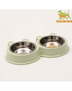 Миска металлическая двойная на пластиковой основе 2×160 мл, 28×15.5×4 см, зелёная Пижон