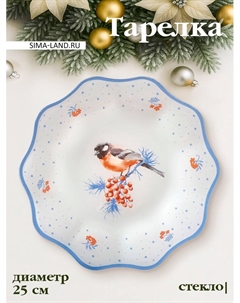Тарелка новогодняя «Снегири на ветке», d=25 см, h=2 см, стекло, белая, голубая Доляна
