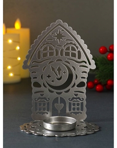 Подсвечник на 1 свечу «Домик новогодний с часами», металл, серебряный, 6.7×10×13.5 см Омский свечной завод