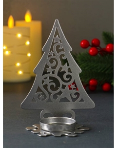 Подсвечник на 1 свечу «Ёлка новогодняя со звёздами», металл, серебряный, 6.6×9×12.5 см Омский свечной завод